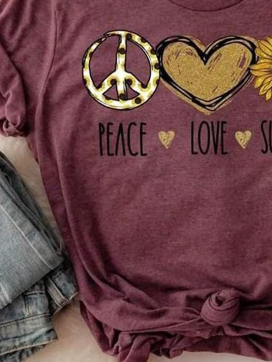 Peace Love Sunshine Letter Printed Casual O-Neck T-shirt & Top