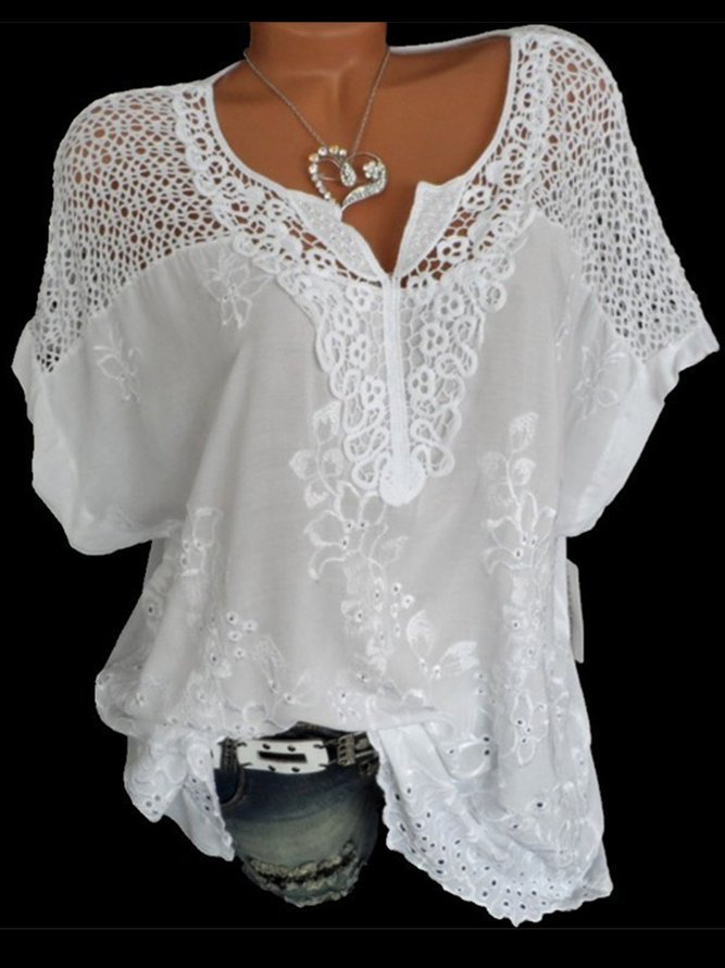 White Floral Short Sleeve Paneled Shirts & Tops