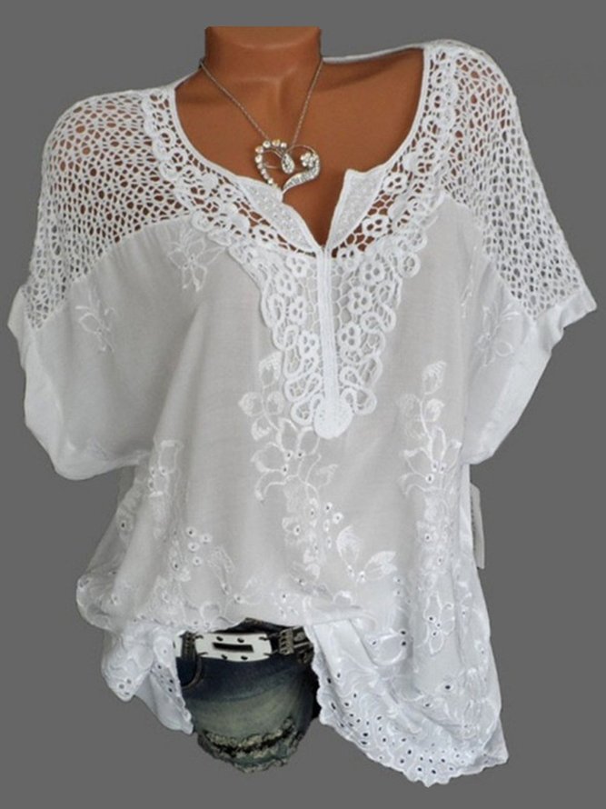 White Floral Short Sleeve Paneled Shirts & Tops