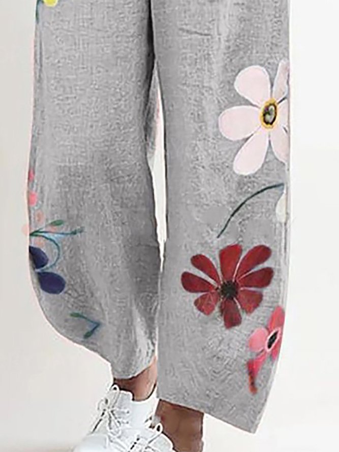 Gray Floral Linen Casual Pants