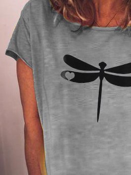 Dragonfly Printed O-Neck Short Sleeve Gray T-Shirt Top