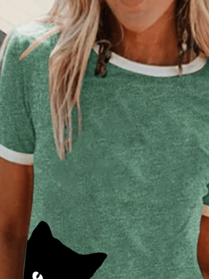 Women Cat-Print Casual Crew Neck Green T-Shirts Tops