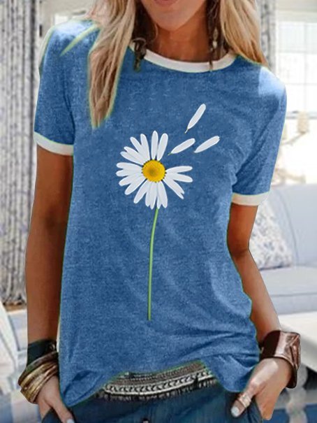 Daisy Printed Round Neck Casual Short-Sleeved T-shirt Tee
