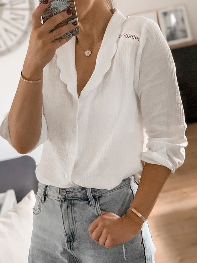 White Casual Cotton-Blend Shirt Collar T-Shirt & Top