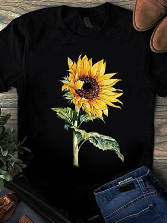 Sunflower Print Crew Neck Short Sleeve Casual T-Shirt & Top