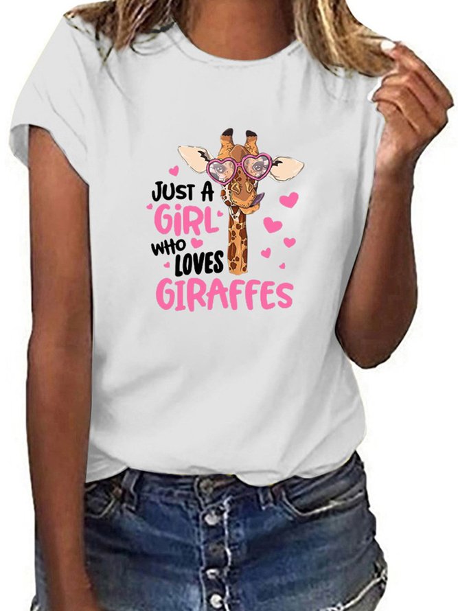 Vintage Short Sleeve Giraffe Letter Printed Crew Neck Plus Size Casual Tops