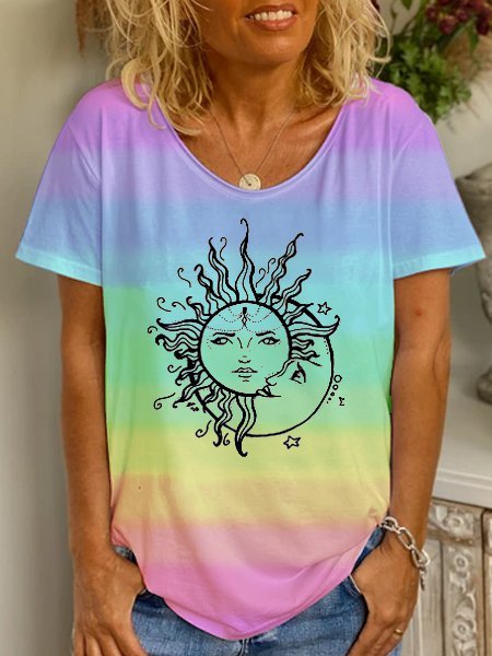 Sun with Moon Printed Cotton Crew Neck T-shirt & Top