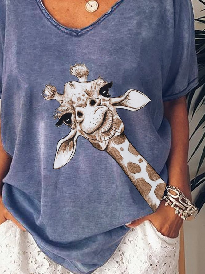 Giraffe Printed Casual V Neck Short Sleeve Blue T-Shirt & Top