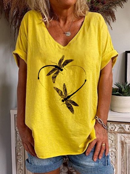 Yellow Dragonfly Printed Casual Cotton Short Sleeve T-Shirt & Top