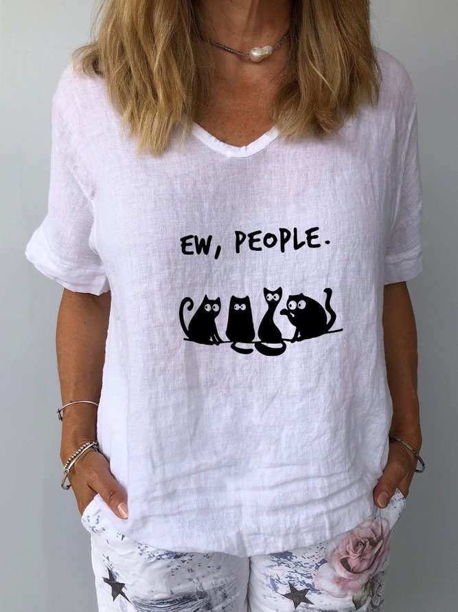 Cats Print Casual Linen Short Sleeve T-shirt