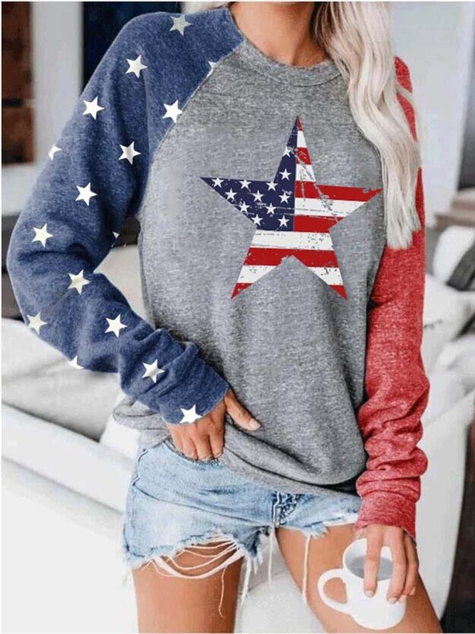 American Flag Star Print Colorblock Sweatshirt Long Sleeve Top