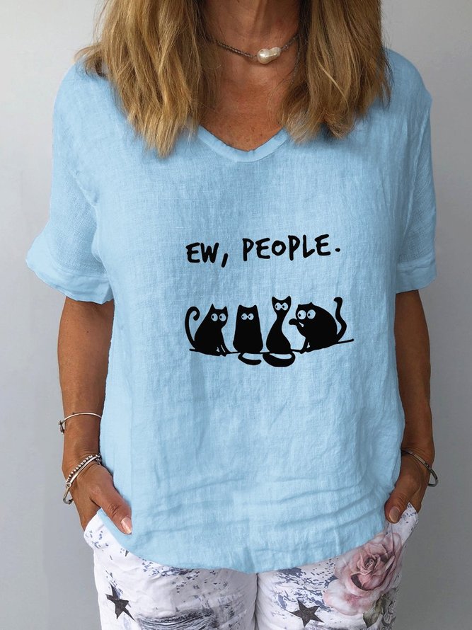 Cats Print Casual Linen Short Sleeve T-shirt