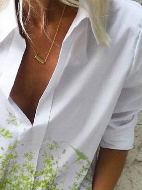 White Turn-Down Collar Long Sleeve Shirt & Top