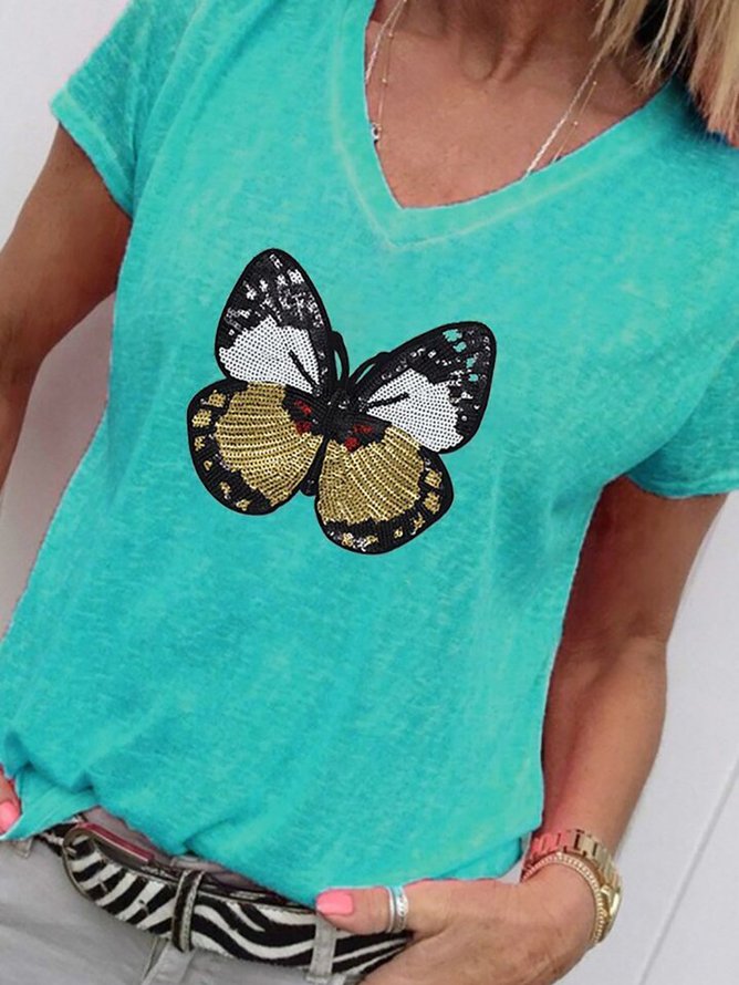 Women Butterfly Printed Casual Short Sleeve V Neck T-shirt