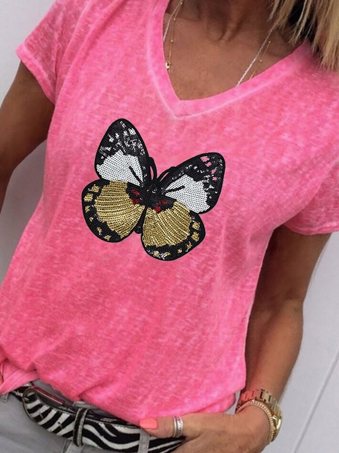 Women Butterfly Printed Casual Short Sleeve V Neck T-shirt