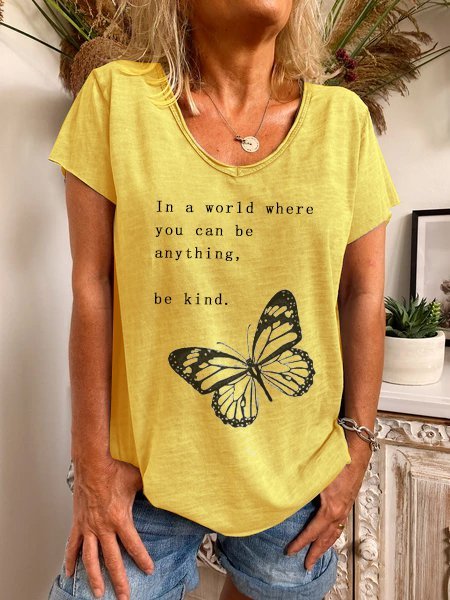 Butterfly Printed Casual V Neck Cotton Yellow T-Shirt & Top