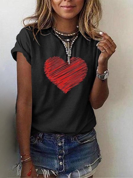 Women Heart Printed Casual Crew Neck Summer T-Shirts Tops | lilicloth