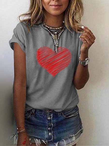 Women Heart Printed Casual Crew Neck Summer T-Shirts Tops | lilicloth