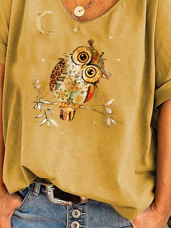 Owl Print V-Neck Short Sleeves Casual Blouses