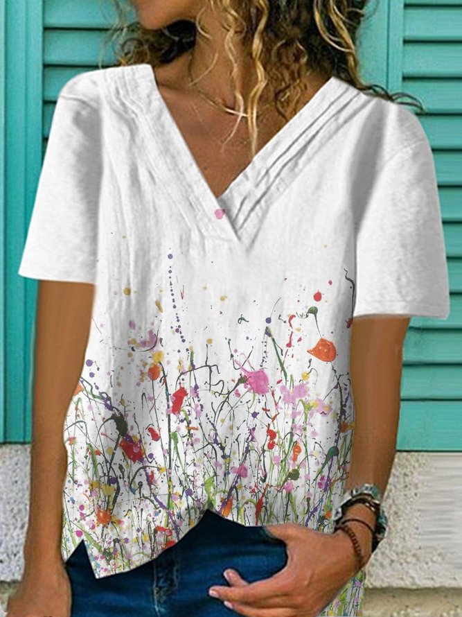 White Floral Casual Cotton T-shirt