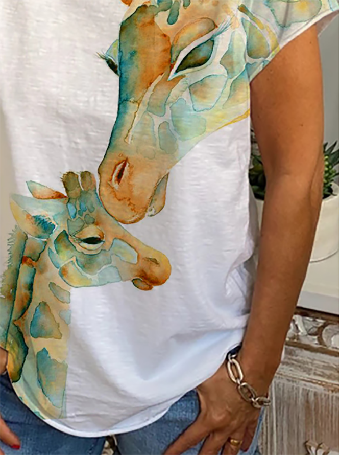White Short Sleeve Giraffe Printed T-Shirt & Top