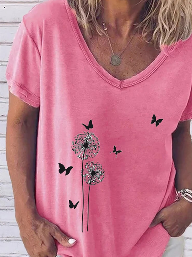 Pink V Neck Short Sleeve Floral T-shirt