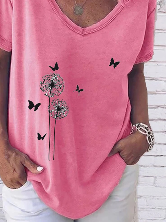 Pink V Neck Short Sleeve Floral T-shirt