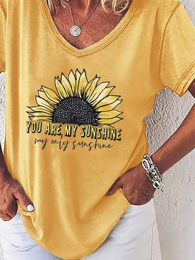 You are My Sunshine Printed Yellow Cotton V Neck T-Shirt & Top