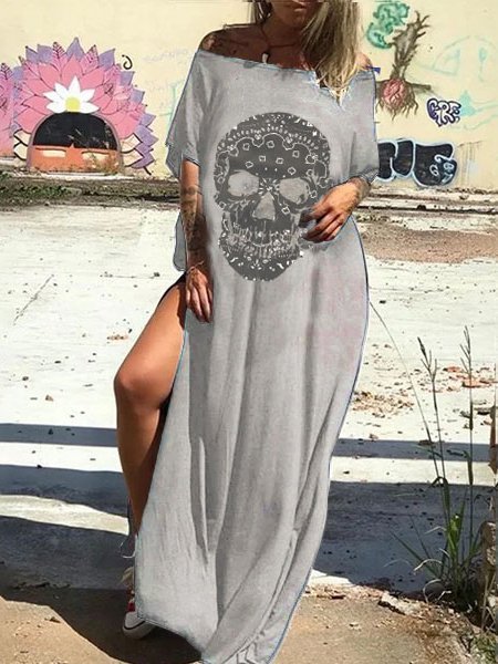 Deep  Skull Gray Short Sleeve Floral-Print Scoop Neckline Weaving Dress