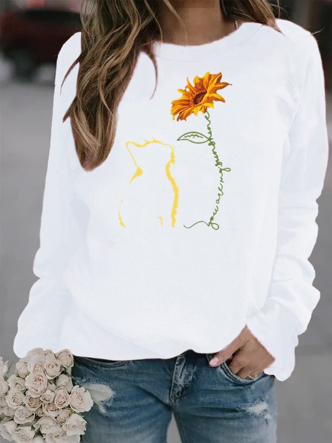Sunflower Cat Printed Women Casual Long Sleeve Sweatshirt
