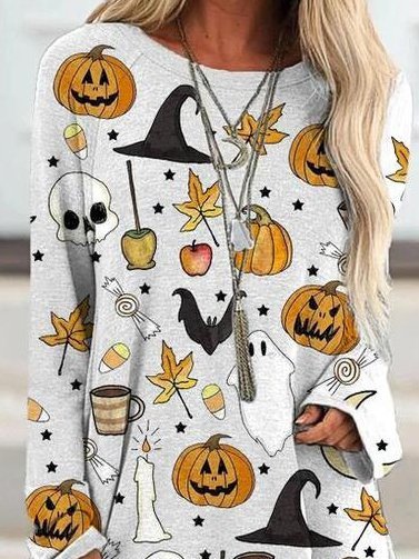 Casual Cotton Halloween Pumpkin O-Neck Shirt & Top