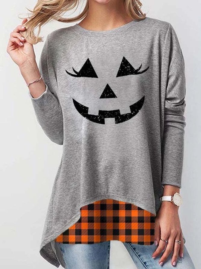 Women's Halloween Printed Casual Crew Neck Cotton Long Sleeve Top