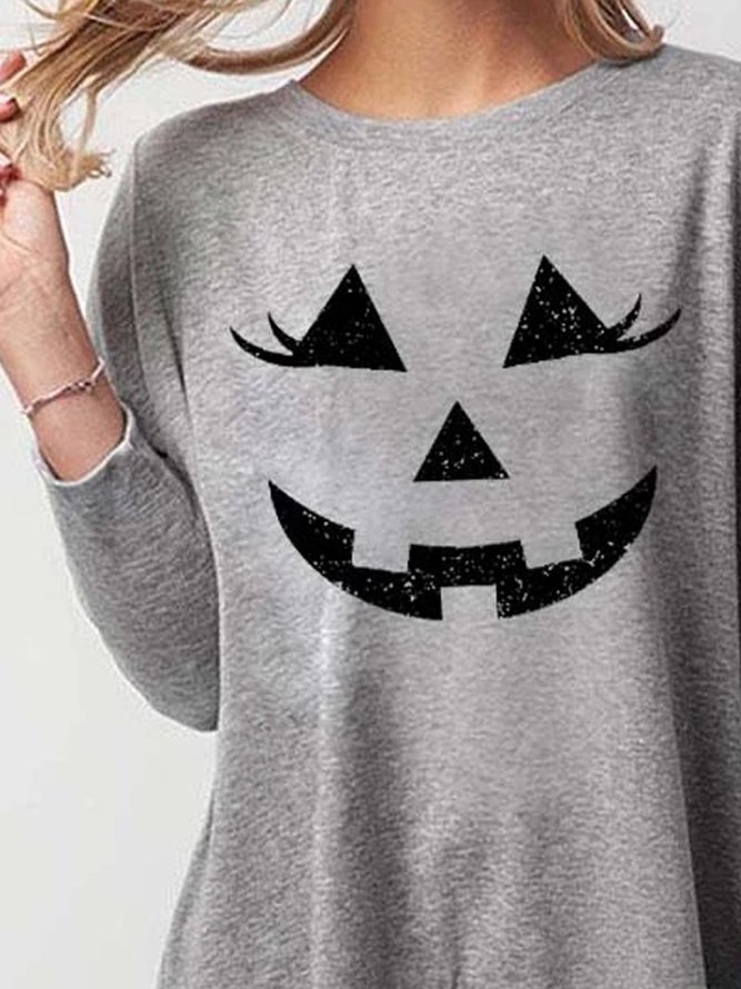 Women's Halloween Printed Casual Crew Neck Cotton Long Sleeve Top