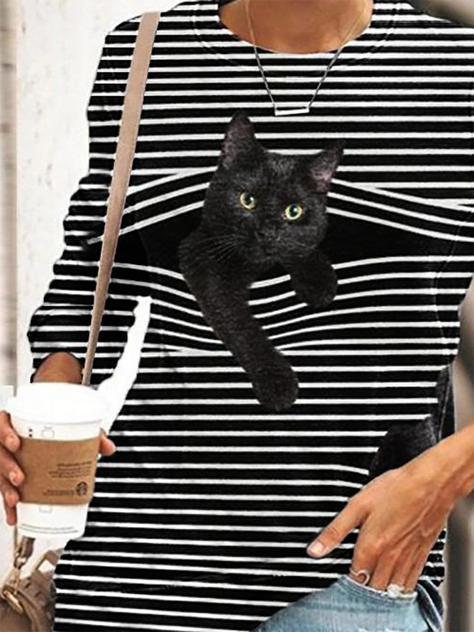 Cute Black Cat Women's Long Sleeve Casual Striped T-Shirt