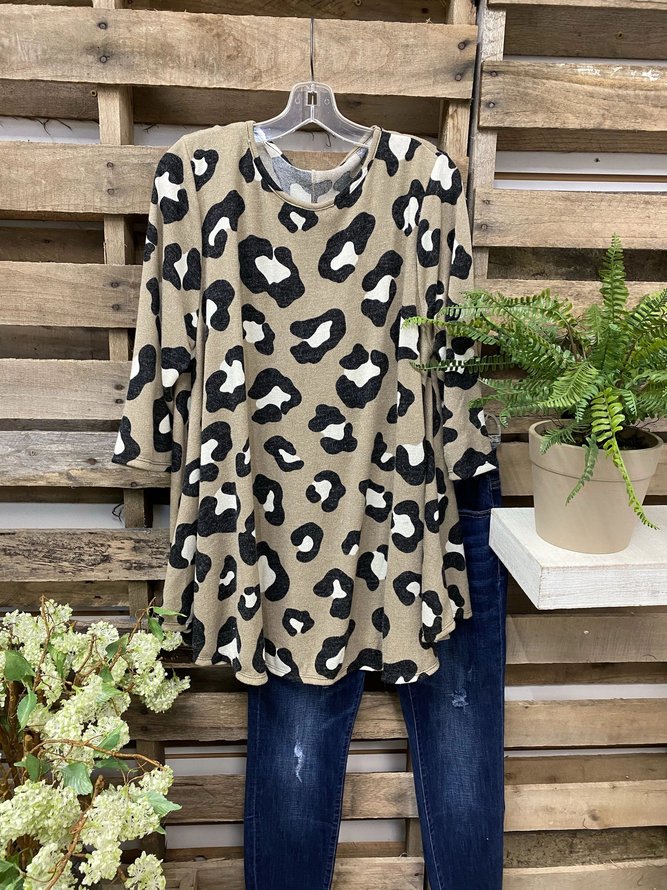 Leopard Long Sleeve O-Neck Shirts & Tops