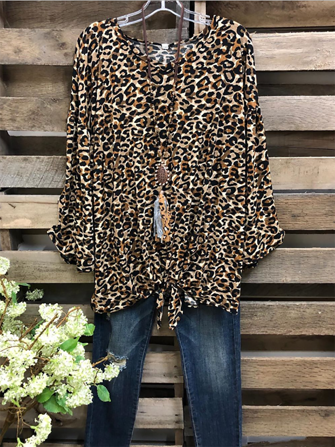 Brown Leopard Crew Neck Long Sleeve Cotton-Blend Shirts & Tops | Women ...