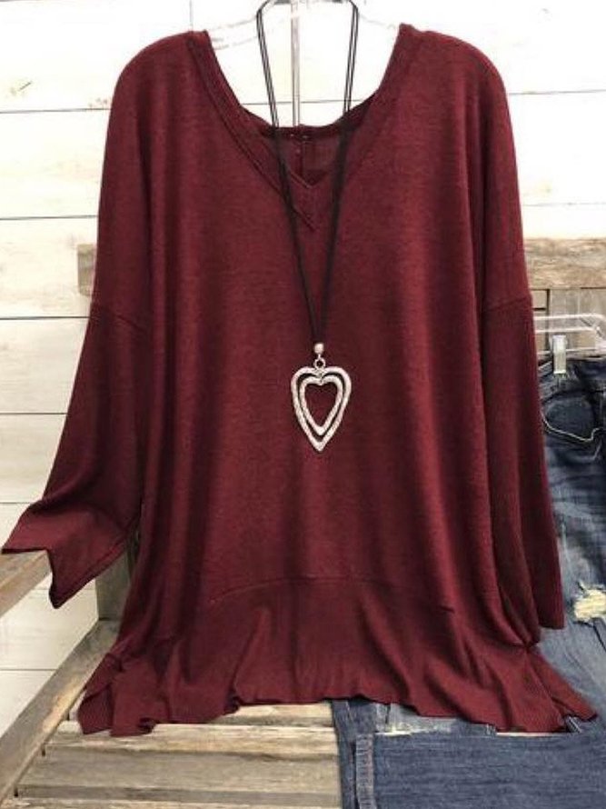 Wine Red Casual V Neck Shirt & Top