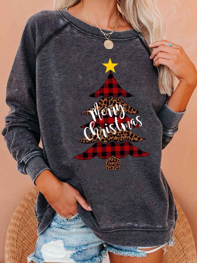 Women's Merry Christmas Plaid Leopard Print Christmas Tree Sweatshirt ...