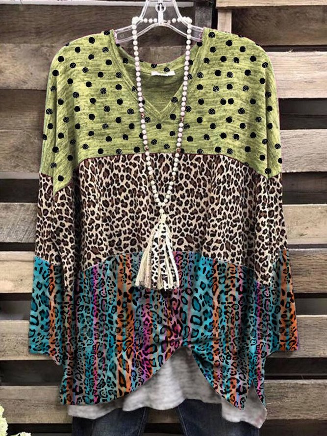 Color Casual Cotton-Blend V Neck Leopard print Shirt & Top