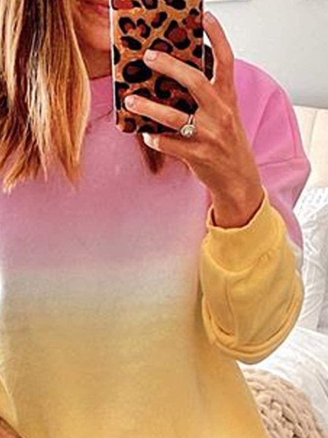 Pink Cotton-Blend Casual Long Sleeve Women's Gradient Print Sweatshirt