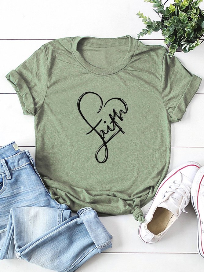 Heart-shaped Faith Print Round Neck Cotton T-shirt | lilicloth
