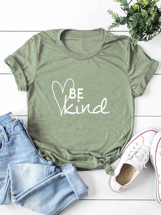 BE Kind Heart Print Round Neck Cotton Loose Women's T-shirt