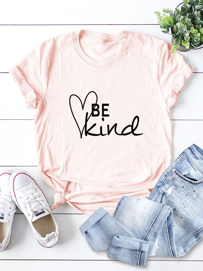 BE Kind Heart Print Round Neck Cotton Loose Women's T-shirt
