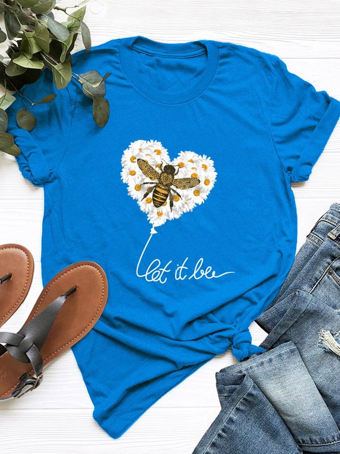 Let it bee Daisy Heart Print Round Neck Cotton Casual T-shirt