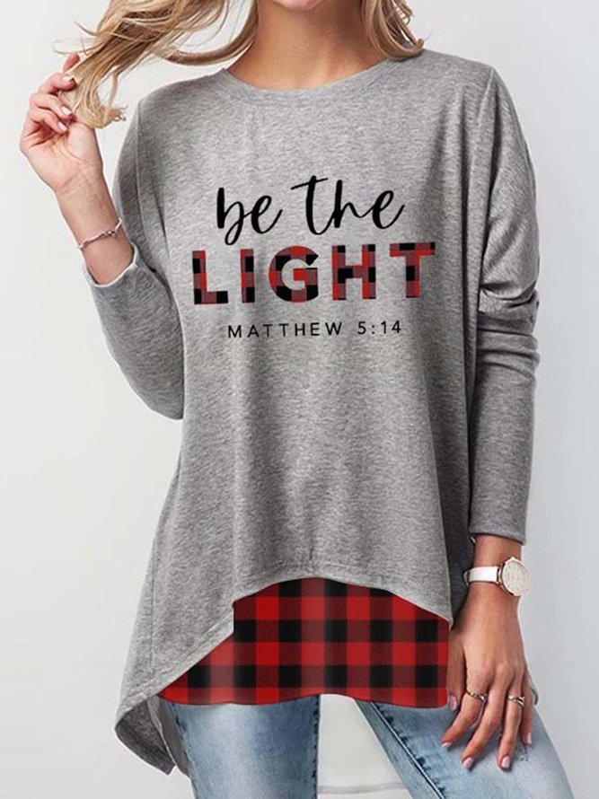 Be The Light Mattew 5:14 Print Plaid Stitching Top