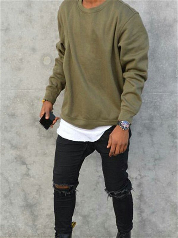 Army Green Basic Solid Cotton Men's Fashion Sweatshirt
