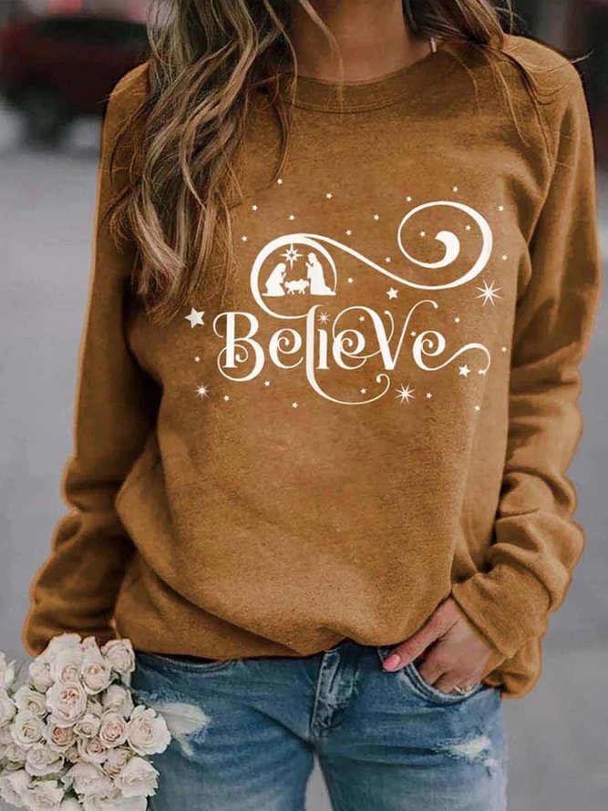 Ladies Christmas Believe Print Sweatshirts