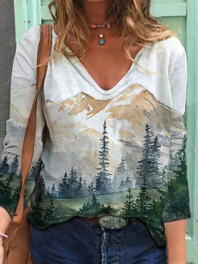 Women's Mountain Landscape Printed V-Neck Long Sleeve T-shirts