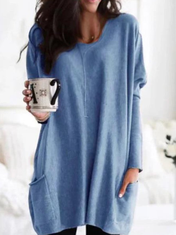 Casual Pockets Long Sleeve Solid Tops