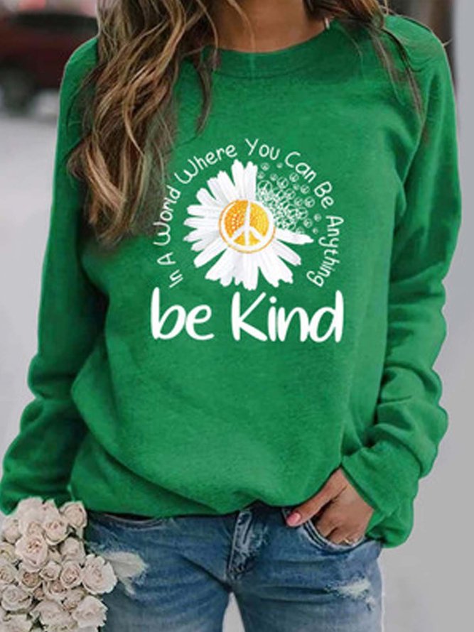 Floral  Printed Be Kind Long Sleeve Crew Neck Top